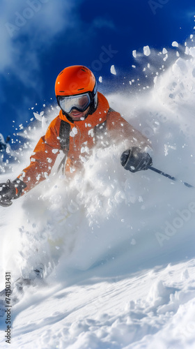 free space on the left corner for title banner with close up picture ultra realistic skier, close up, action shot