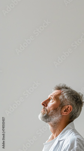 free space for title banner with scientist, specialist, men around 40 years old on the right corner,front view, head and shoulders style, in camera focus, natural lighting, minimal style, on a white s