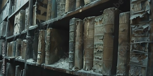 Abandoned library with shelves filled with weathered medical books covered in dust. Concept Abandoned Places, Vintage Books, Dusty Shelves, Creepy Atmosphere, Eerie Library photo