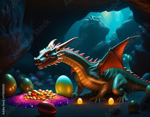 a dragon is sitting next to a pile of easter eggs in a cave