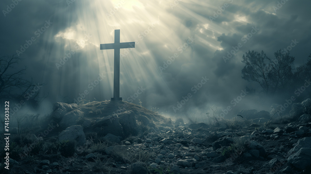 Naklejka premium Christian Cross with Radiant Sun Rays