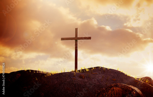 Canvas Print Silhouette of crucifix cross on a mountain at sunset sky background