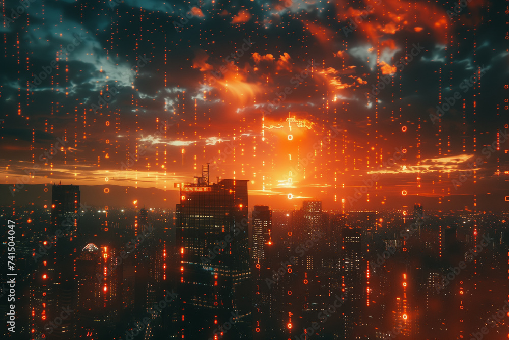 A skyline punctuated by digital clouds and starlight, where binary sequences unlock the secrets of technology and data, reflecting a city's transformation at night
