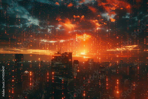 A skyline punctuated by digital clouds and starlight, where binary sequences unlock the secrets of technology and data, reflecting a city's transformation at night