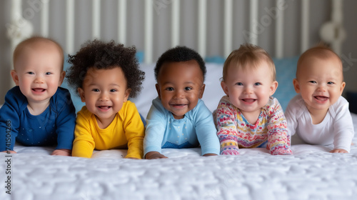 Multicultural assembly of seven 1-year-old infants positioned prone in a sequential arrangement on a bed, exuding joy and laughter.