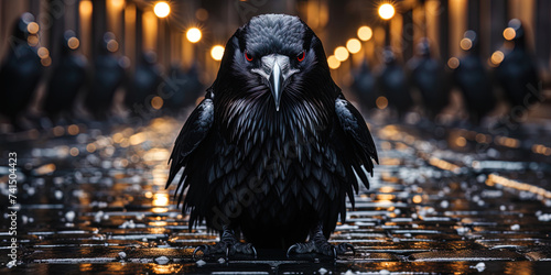 The majestic crow, rising above the dark asphalt in the night, like a symbol of secrets and rid photo