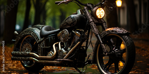 The motorcycle, its chrome details flicker against the background of the reflections of the moon