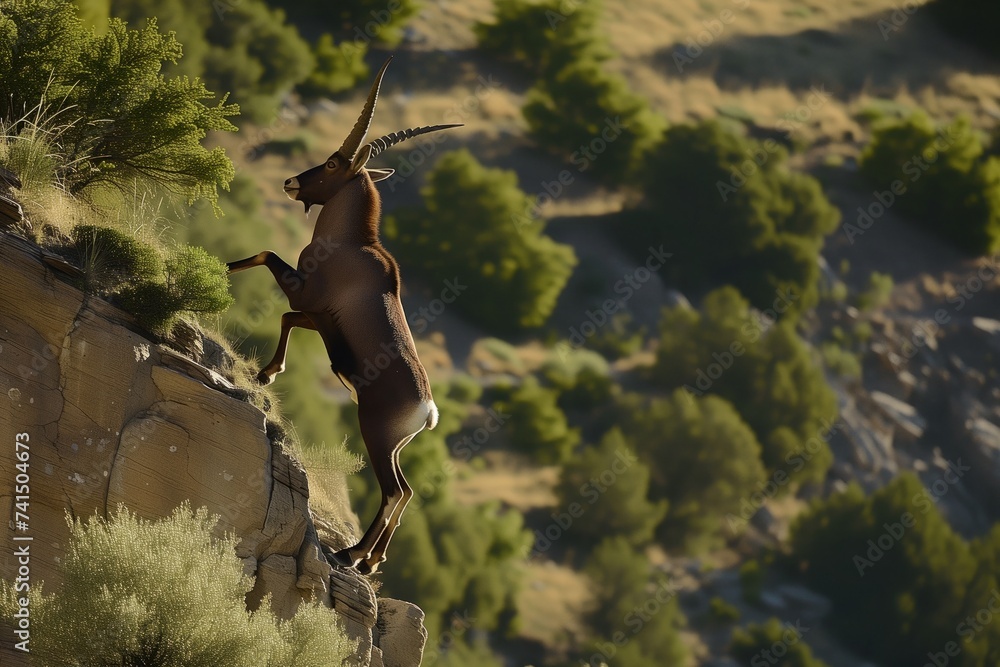ibex standing on hind legs to reach cliff vegetation