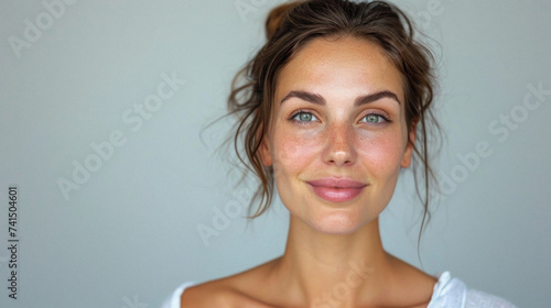 Happy attractive confident young adult or mid aged European woman posing for beauty aesthetic portrait. Beautiful lady smiling on background, attractive female model looking at camera. Close up face .