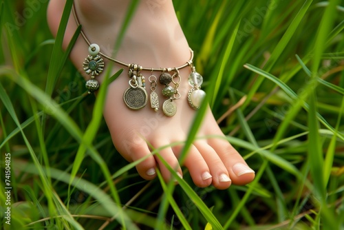 anklet with boho charms on a barefoot over grass photo