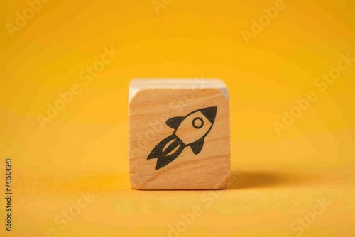 Wooden block with rocket printed on it, startup and business concept, yellow background.