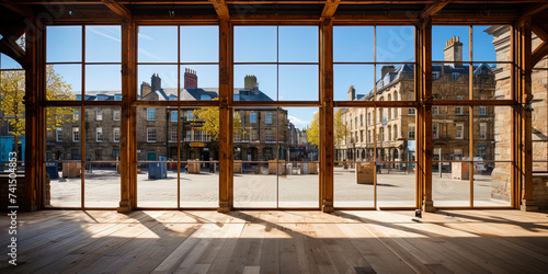Twisted window frames framing the view of the courtyard of the building, like a picture of the