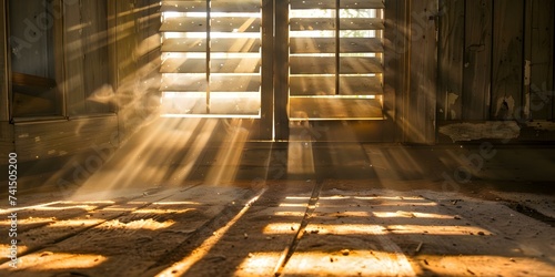 Sunlight filters through wooden shutters, creating a warm glow in a dusty room. Concept Warm Glow, Sunlight, Wooden Shutters, Dusty Room, Interior Photography
