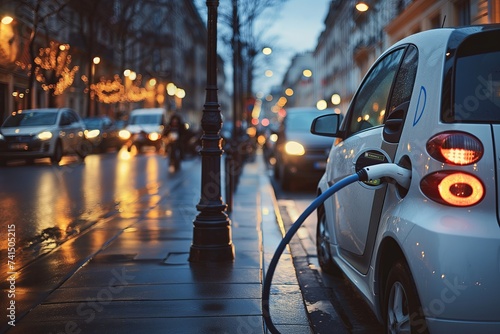 Coche eléctrico cargando electricidad en la ciudad