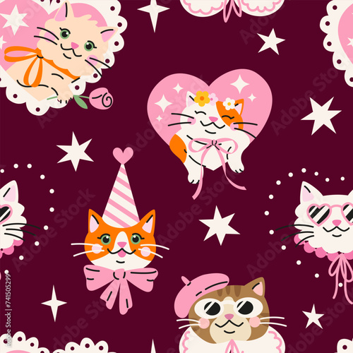 Seamless pattern with Cute cartoon cats in heart shape frame. Hand drawn vector illustration. Funny Valentine's day character background.