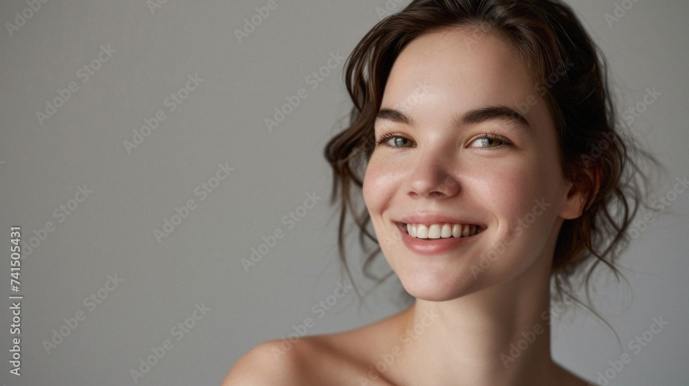 Beauty portrait of happy attractive young woman with glowing healthy radiant pure skin and beautiful hair. Pretty european girl model smiling on background advertising skin care cosmetic. Closeup face Beauty portrait of happy attractive young woman with glowing healthy radiant pure skin and beautiful hair. Pretty european girl model smiling on background advertising skin care cosmetic. Closeup face