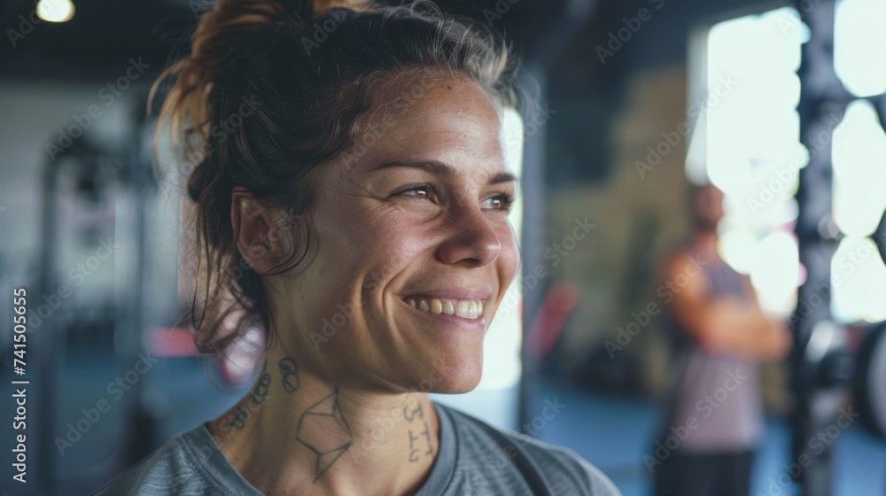A woman with a tattoo on her neck smiling A woman with a tattoo on her neck smiling