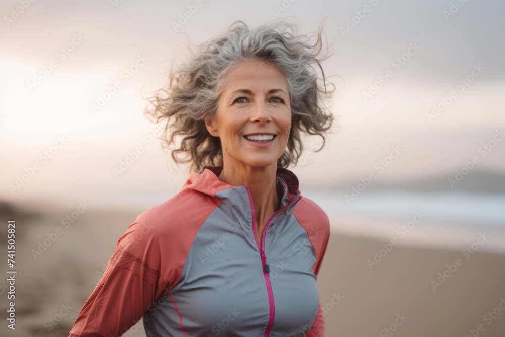 Portrait of smiling senior woman standing on beach at sunrise in fitness clothing Portrait of smiling senior woman standing on beach at sunrise in fitness clothing