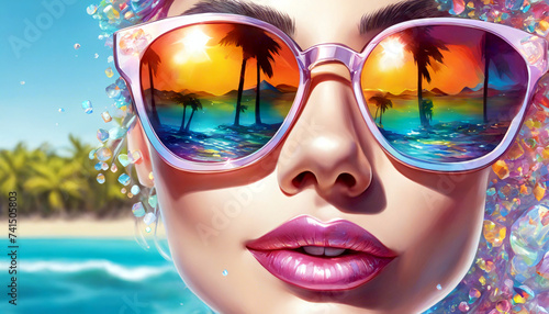 In der Sonnenbrille einer schönen Frau spiegelt sich ein Strand mit Palmen im Sonnenaufgang. Urlaubsparadies. photo