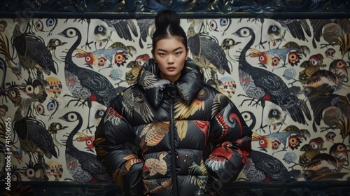 A woman standing in front of a wall with birds on it