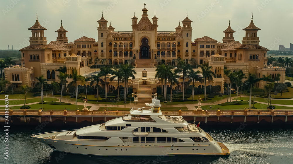 Elegant yacht cruising on azure waters opulent mansion backdrop golden accents Minimalist style Abstract oceanic swirls High-angle photography