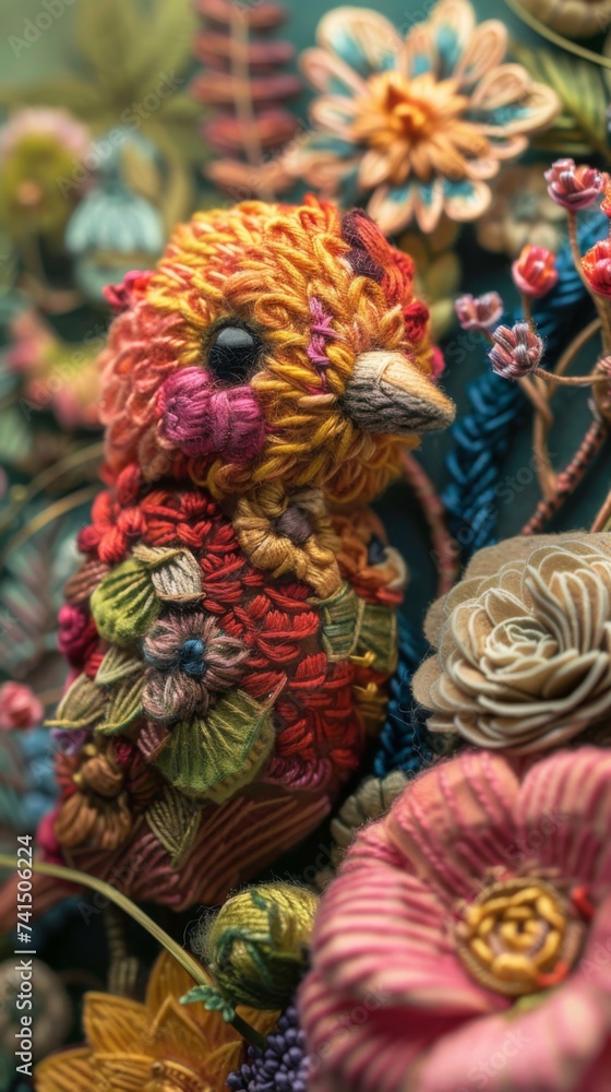A close up of a stuffed bird surrounded by flowers