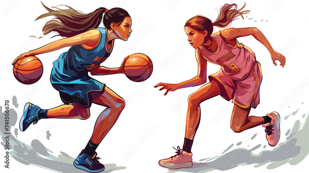 Two girls playing basketball. Sports. isolated white