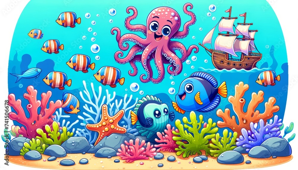 Cartoon Underwater Exploration Scene