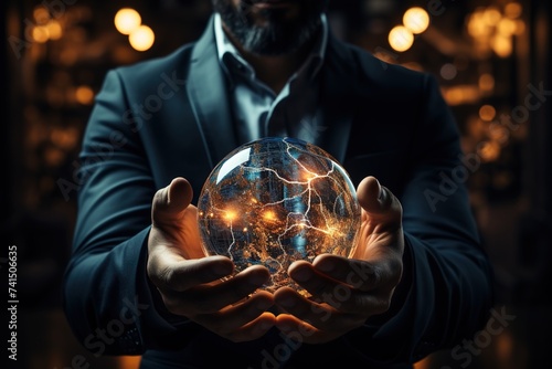 In a powerful visual metaphor, a close-up of a businessman holding a digital world in his hands symbolizes the concept of 'The World is Yours' and global networking photo