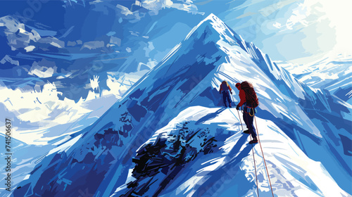 Two climbers climb to the top of a snowy mountain photo