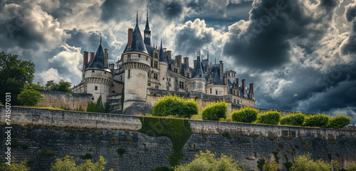 A fortified medieval palace with battlements, under a cloudy, silver sky