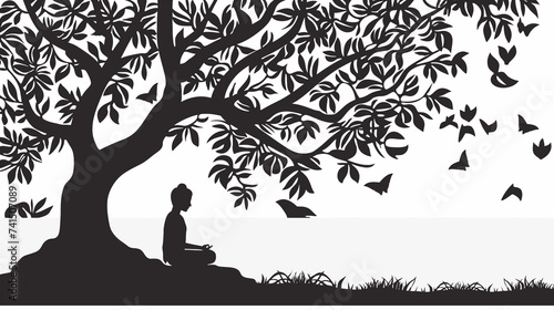 silhouette of alord of buddha sitting meditation on the tree,generative AI illustration