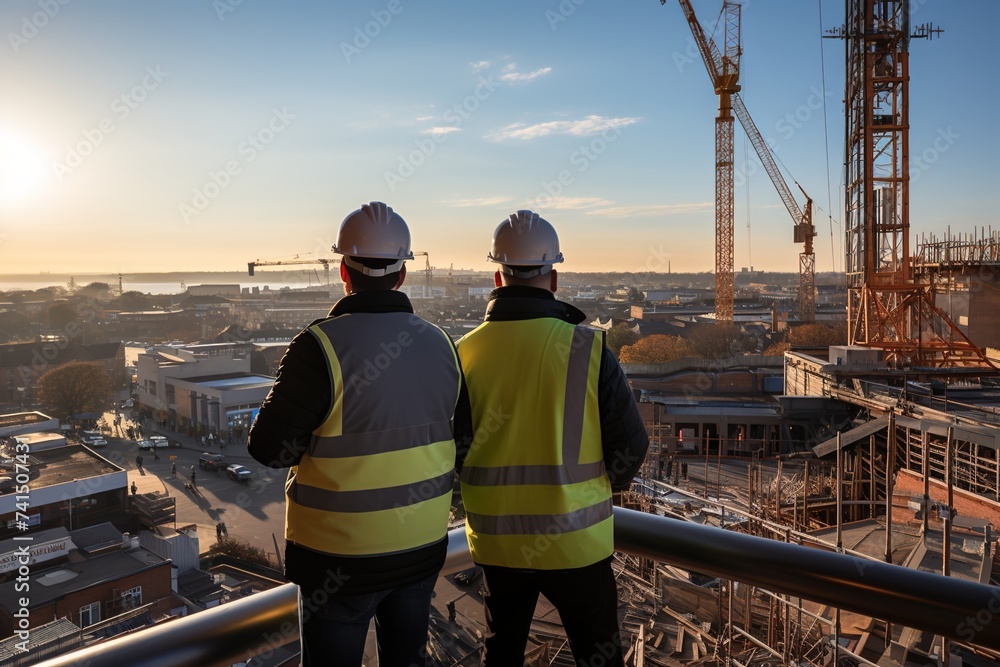 From the rooftop, construction engineers supervise the ongoing development of a building, symbolizing the dynamic nature of construction projects From the rooftop, construction engineers supervise the ongoing development of a building, symbolizing the dynamic nature of construction projects