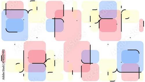 After Mondrian with roundness doubled.
Rounded rectangles are drawn and filled in which then form a pastiche Mondrian.