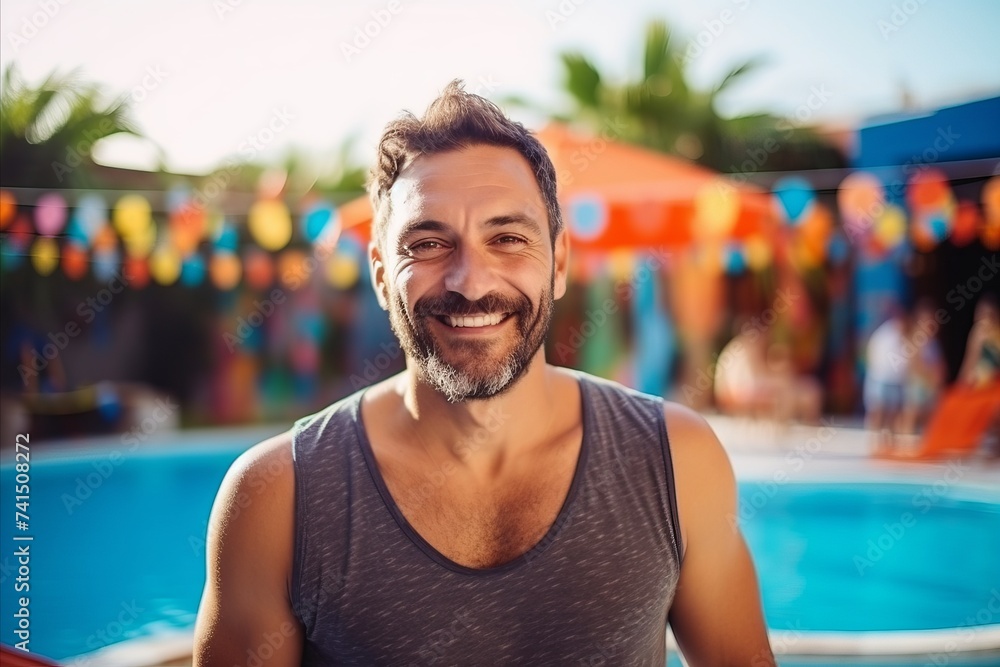 Portrait of a handsome middle aged man smiling at the camera in a swimming pool