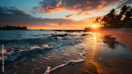 A serene beach at sunset, where the sun dips below the horizon, casting warm tones on the sand and creating a peaceful atmosphere as the day gracefully concludes