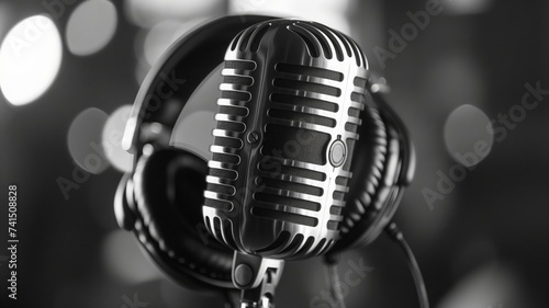 a close-up of a vintage luxurious microphone on a stand in a singing performance club, fairy lights and bokeh in the background. Jazz music cozy atmosphere