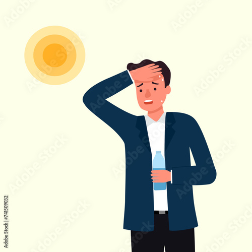 Businessman suffering from heat. Man holding a bottle of water wipes sweat from his forehead. Hot summer. Heatstroke symptom.