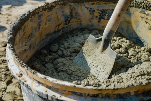large bucket of mixed concrete with a shovel