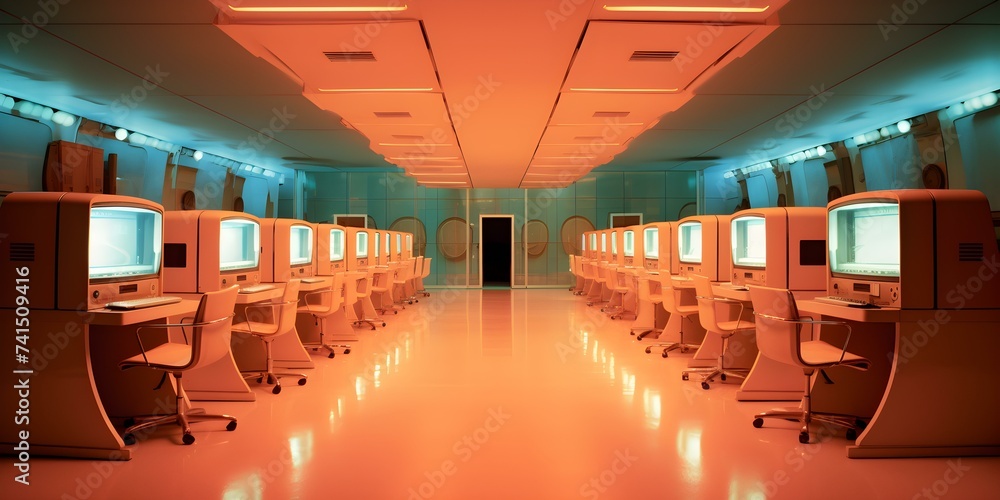 The soft glow of cathode ray tube monitors illuminating computer rooms ...