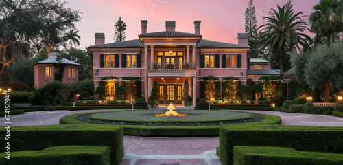 Majestic 1920s colonial revival estate with a large circular driveway and manicured hedges, background color rose pink