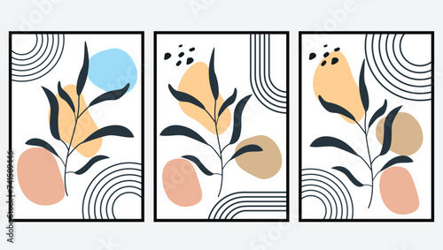 Hand draw abstract tropical leaves with hand drawn organic shapes minimalist design wall art or social media contemporary background design