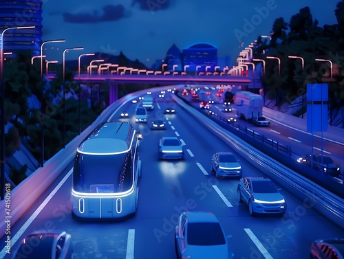 Electric Buses in Futuristic City Traffic at Night