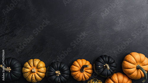 A group of pumpkins on a black color stone