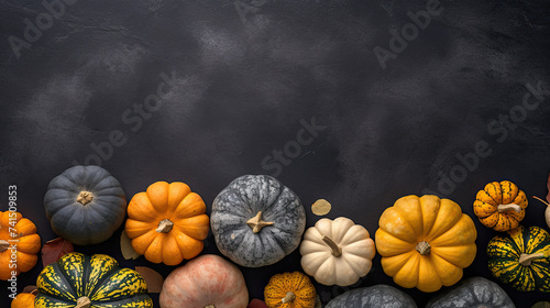 A group of pumpkins on a dark gray color stone