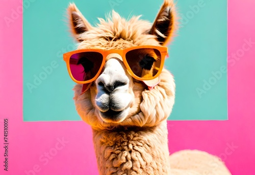 Portrait of an Alpaca wearing Glasses against a background of vibrant colors, AI Generative © Dabarti