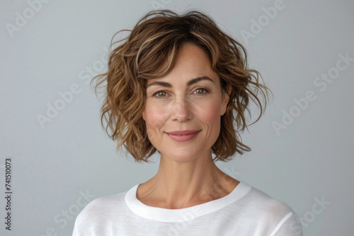 Happy attractive confident European woman of middle age posing for beauty portrait. Beautiful mid aged mature lady smiling on background, attractive female model looking at camera. Close up face .