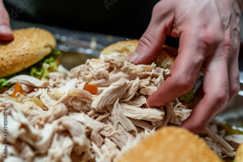 human hands shredding slowcooked chicken for sandwiches photo