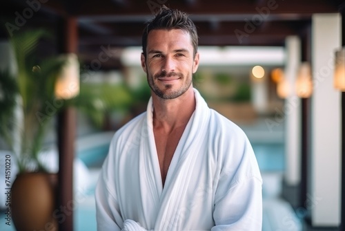 Portrait of a handsome man in bathrobe standing by swimming pool © Nerea