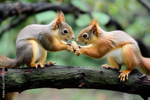 two squirrels sharing a brazil nut on tree branch